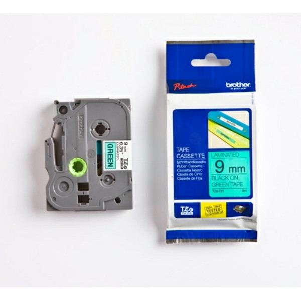 Original Schriftbandkassette Brother TZE-721 schwarz auf grün (9mm x 8m) 
