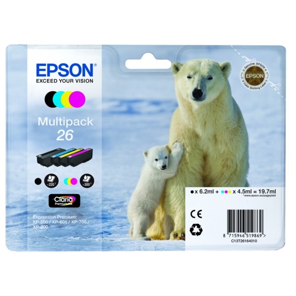 Original Tintenpatronen Epson T26 Multipack BK/C/M/Y (C13T26164010)